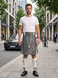 Grey and White Leather Hybrid Utility Kilt Front