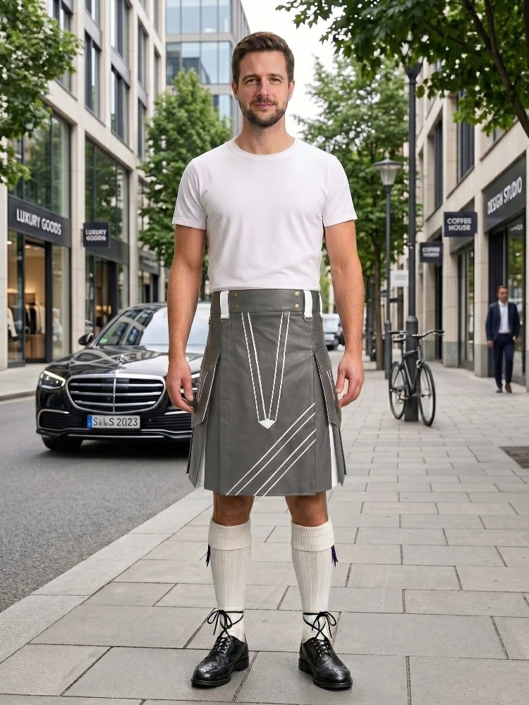 Grey and White Leather Hybrid Utility Kilt