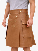 Handcrafted Camel Leather Utility Kilt with Front Button Rivets