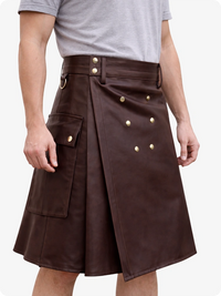 Handcrafted Chocolate Brown Leather Utility Kilt with Front Button Rivets