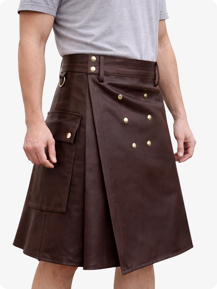 Handcrafted Chocolate Brown Leather Utility Kilt with Front Button Rivets