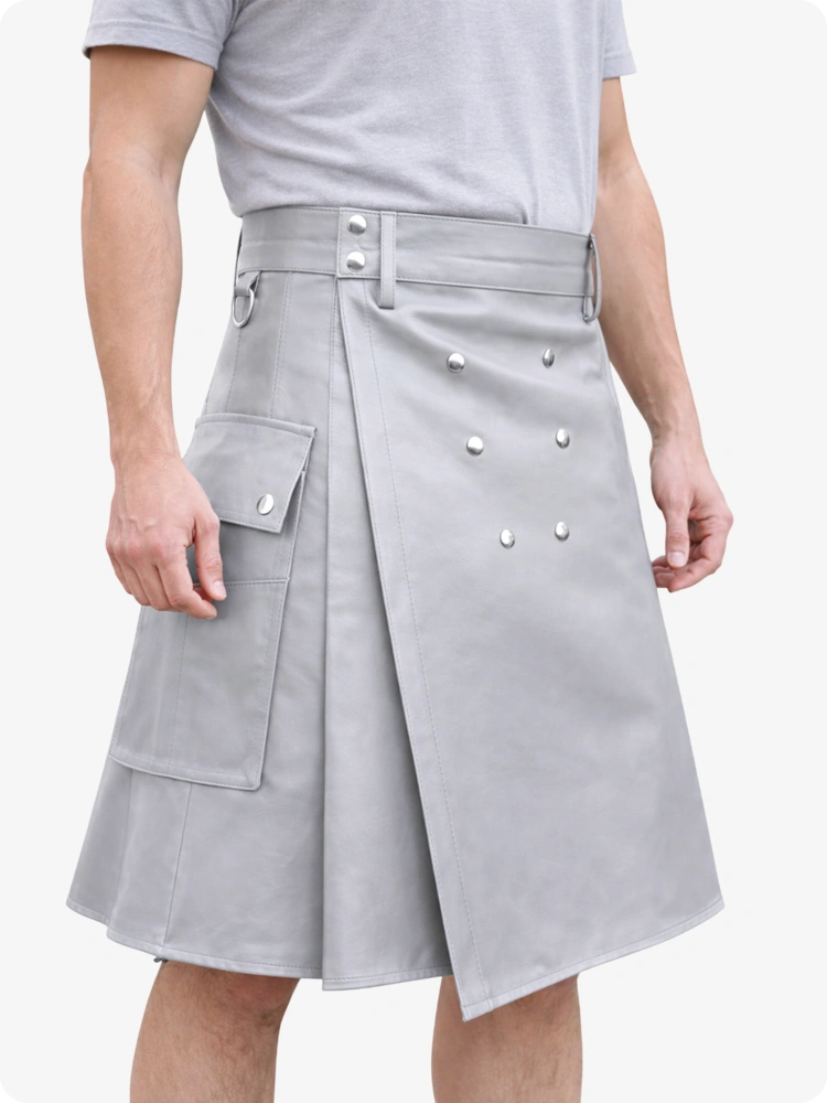 Handcrafted Light Grey Leather Utility Kilt with Front Button Rivets