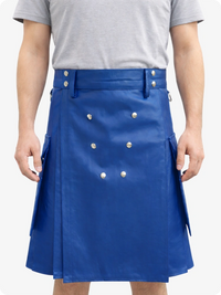 Handcrafted Royal Blue Leather Utility Kilt with Front Button Rivets