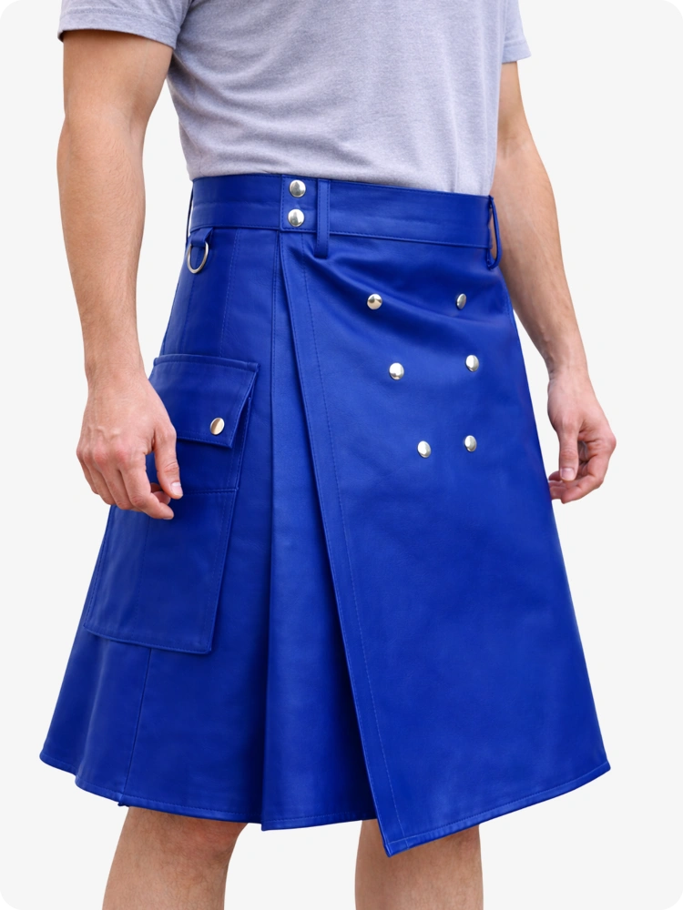 Handcrafted Royal Blue Leather Utility Kilt with Front Button Rivets