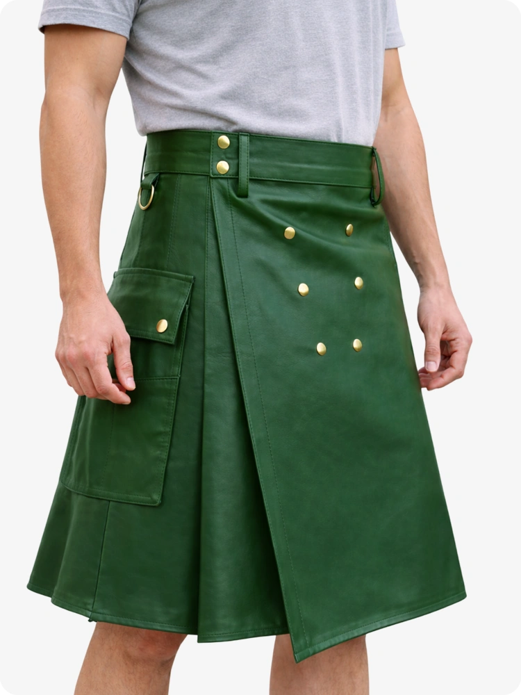 Handcrafted Standard Green Leather Utility Kilt with Front Button Rivets