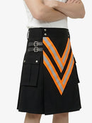 Black kilt with orange and gray chevron pattern worn by a person on a white background