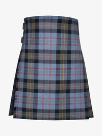 Plaid kilt with blue, black, and yellow pattern on a white background