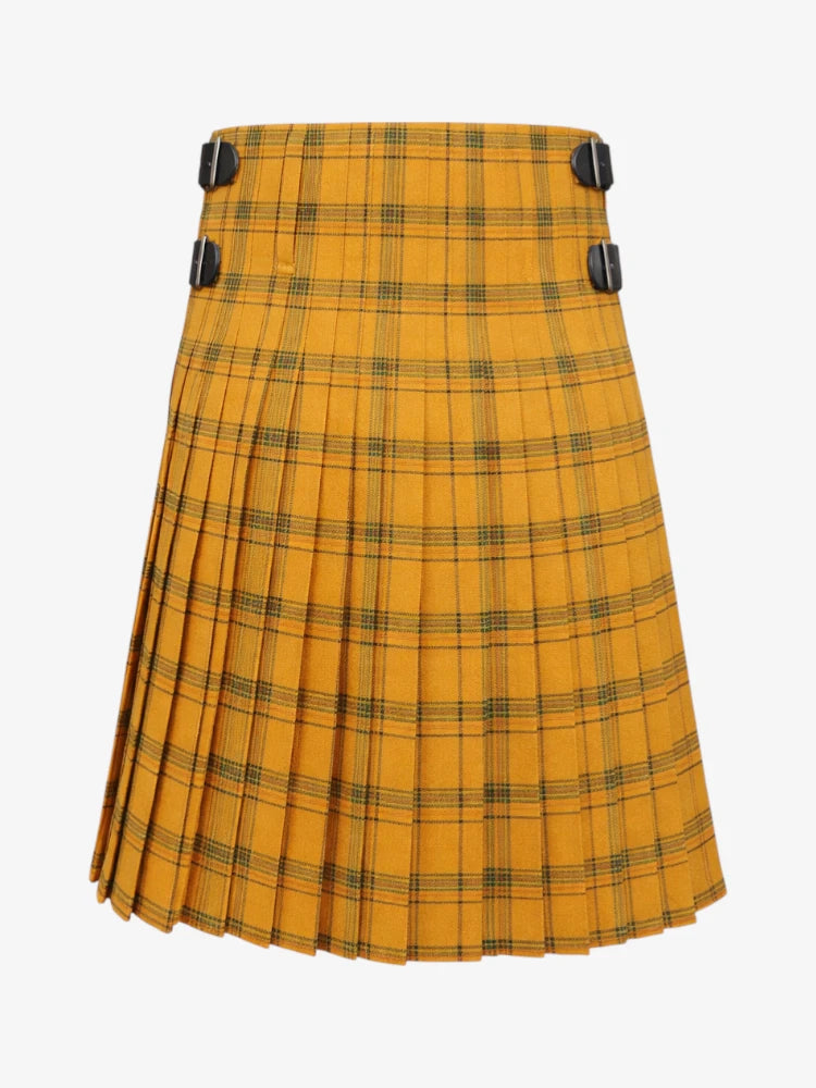 Yellow plaid kilt with black straps on a white background