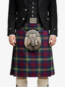 Person wearing a traditional Scottish kilt with a tartan pattern on a white background