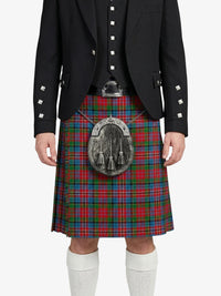 Person wearing a black jacket and red plaid kilt with a silver sporran on a white background