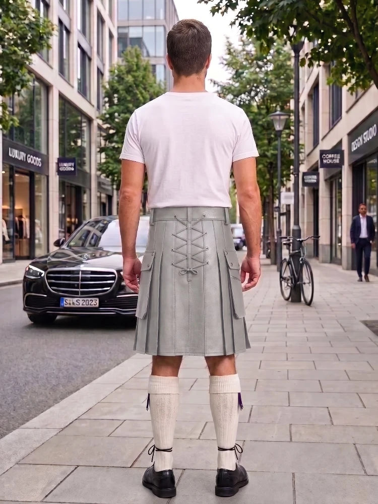 Light Grey Cow Leather Utility Kilts for Men