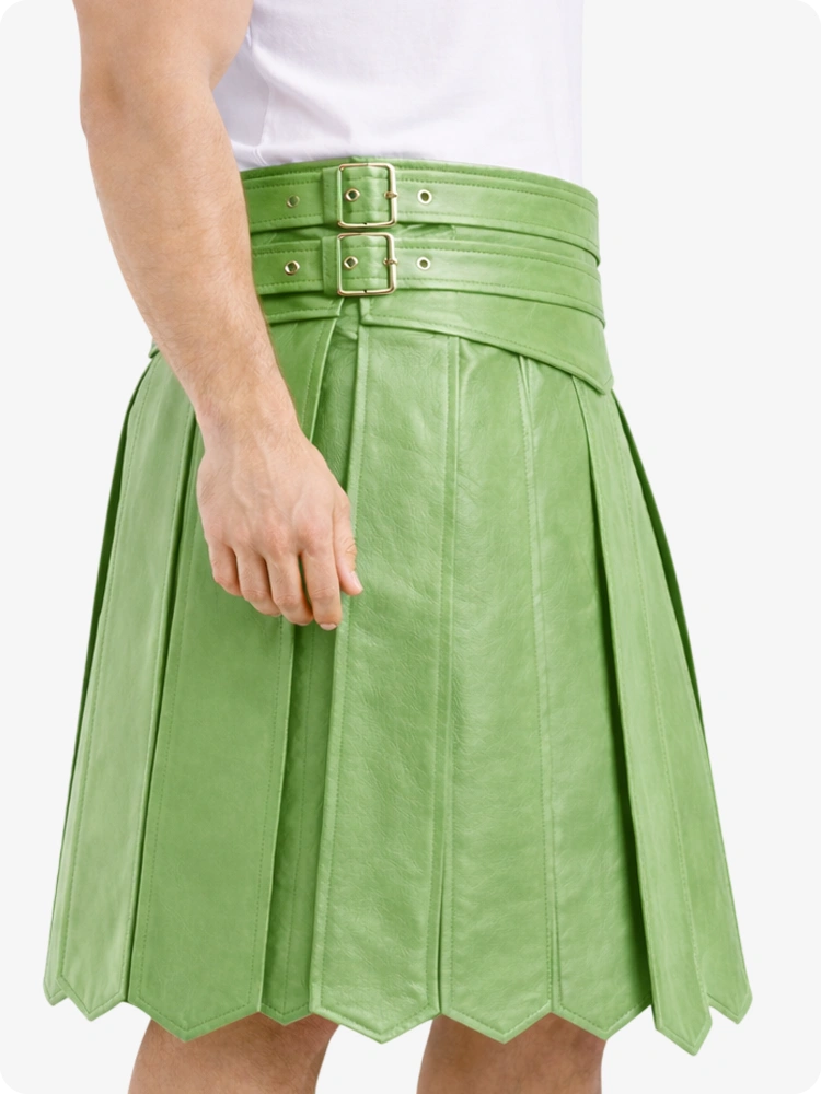 Light Green leather skirt worn by a person on a white background