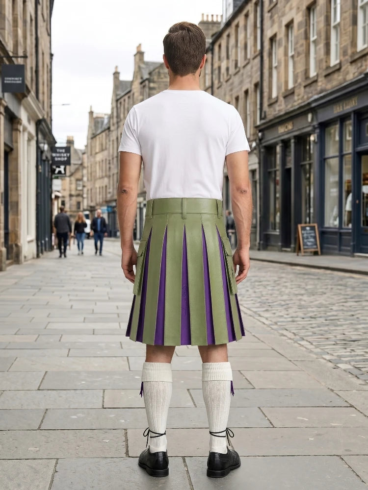 Light Green Leather Kilt With Purple Pleats