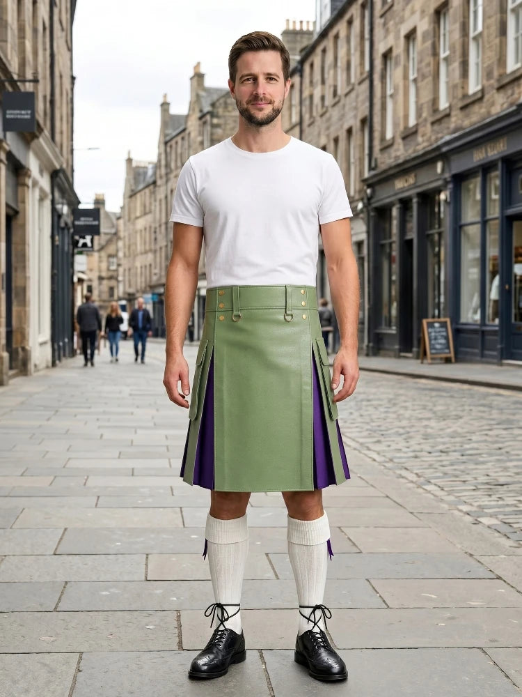 Light Green Leather Kilt With Purple Pleats