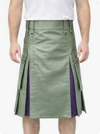 Light Green and purple kilt worn by a person on a white background
