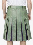 Light Green pleated kilt with purple accents worn by a person on a white background