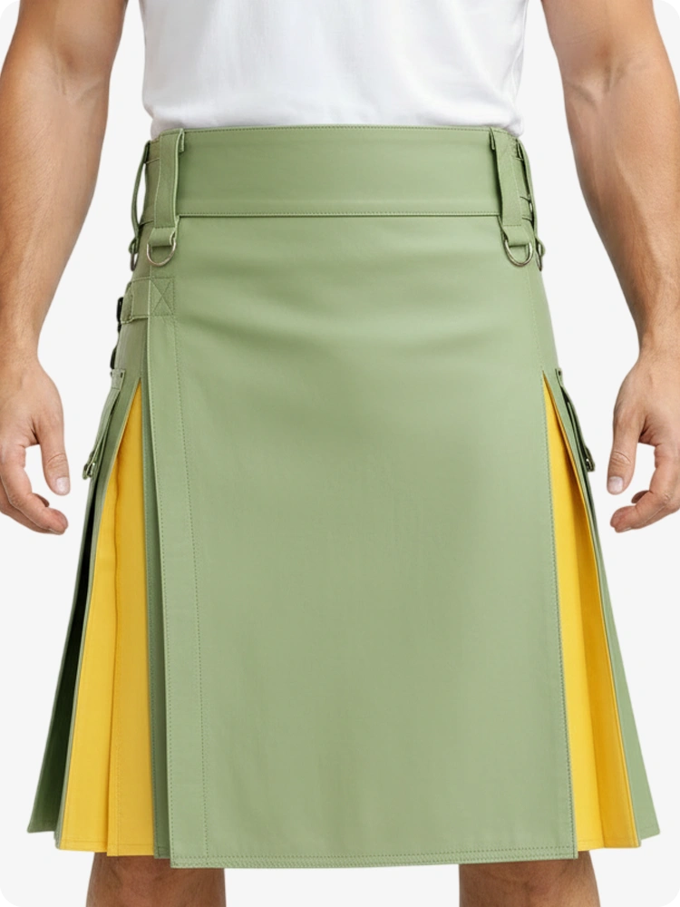 Light Green & Yellow Leather Utility Kilt with Cargo Pockets