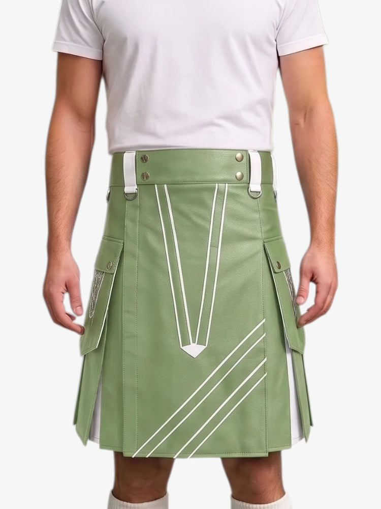 A man wearing a sage green kilt with white geometric stripe details and silver-tone hardware, paired with a white t-shirt, shown from the chest down against a light gray background.