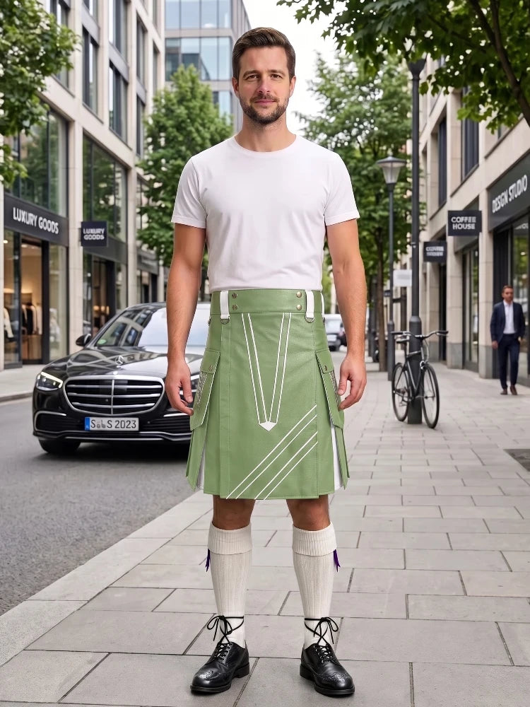 Light Green and White Leather Hybrid Utility Kilt
