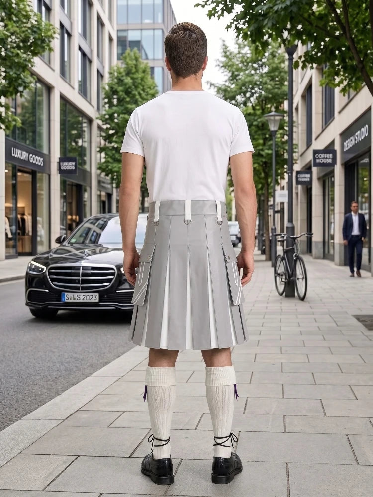 Light Grey And White Leather Hybrid Utility Kilt