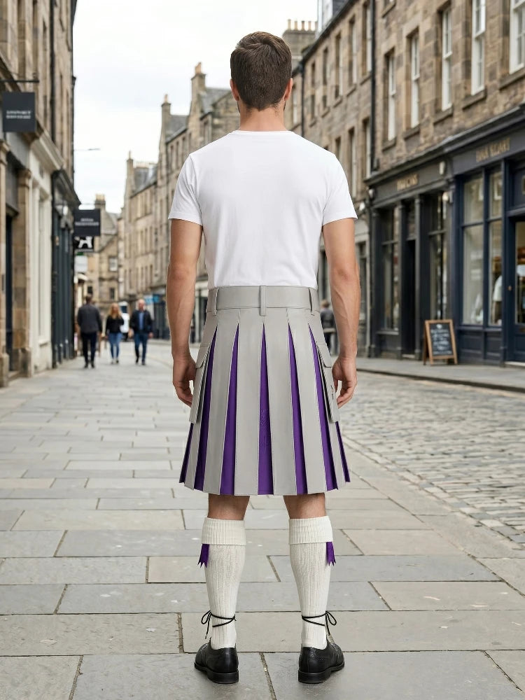 Light Grey Leather Kilt With Purple Pleats