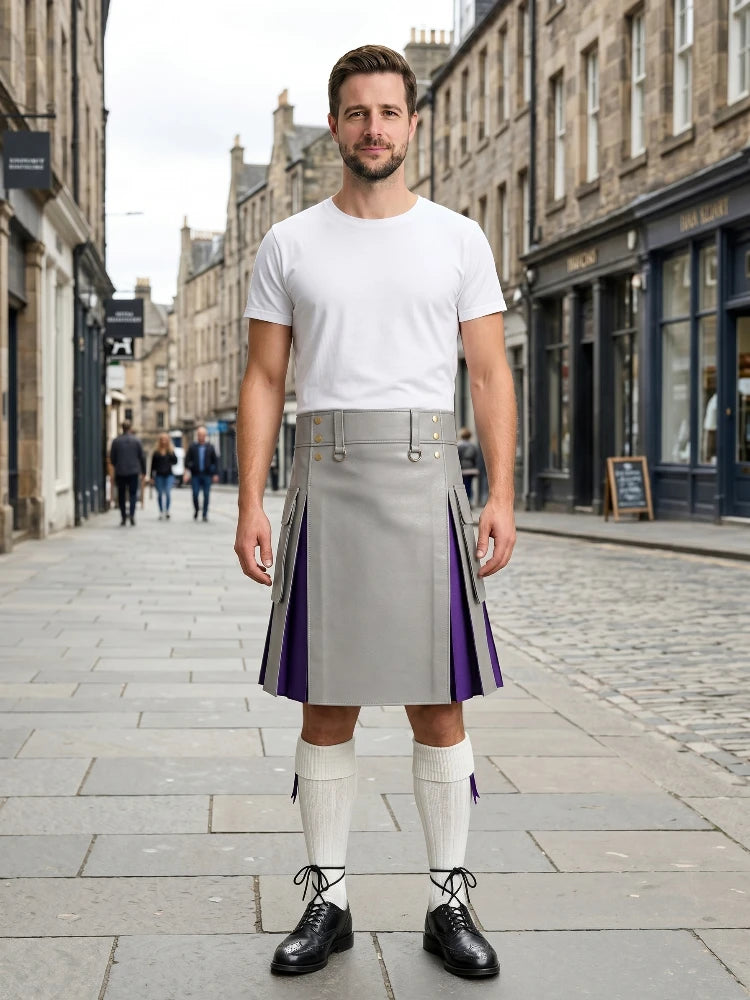 Light Grey Leather Kilt With Purple Pleats