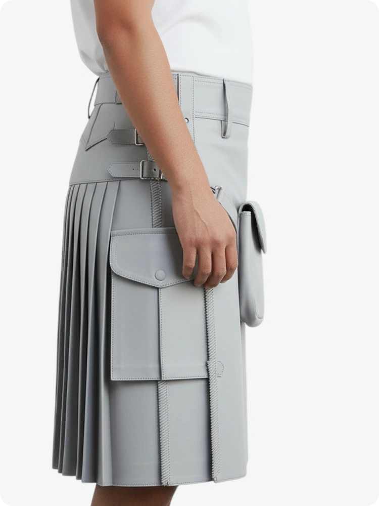 Light Grey Leather Pleated Kilt with Belt Loops & Side Straps