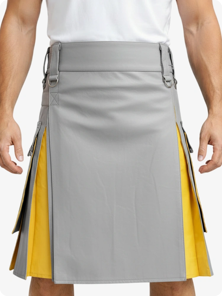Light Grey & Yellow Leather Utility Kilt with Cargo Pockets