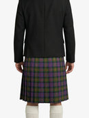 Person wearing a black jacket and a plaid kilt on a white background