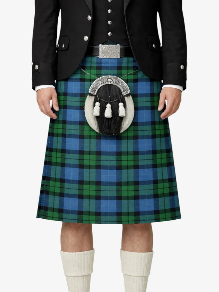 Person wearing a traditional Scottish kilt with a visible tartan pattern on a white background