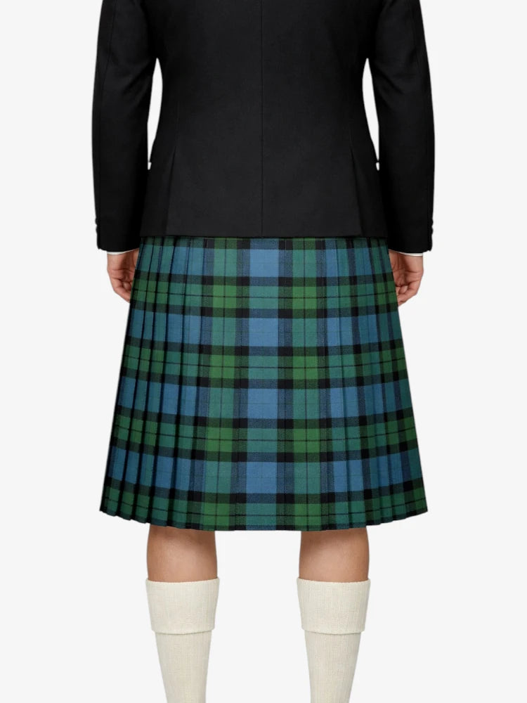Person wearing a black jacket and green plaid kilt on a white background