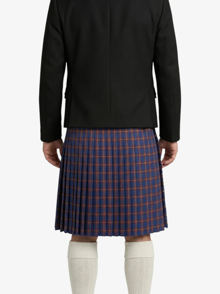Person wearing a black coat and plaid skirt on a white background