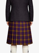 Person wearing a black  jacket and plaid kilt on a white background