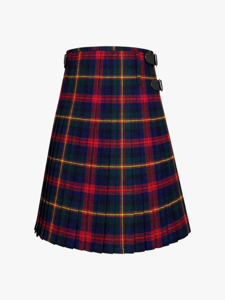 Plaid kilt with red, blue, and yellow colors on a white background