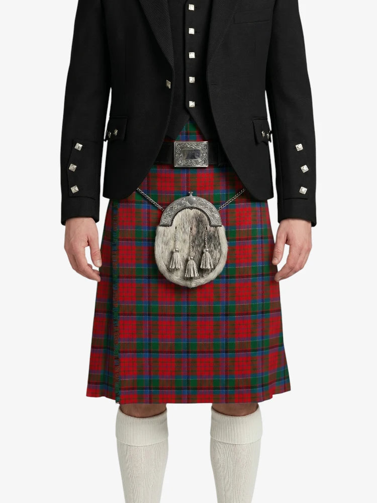 Person wearing a black jacket with silver buttons and a red plaid kilt on a white background