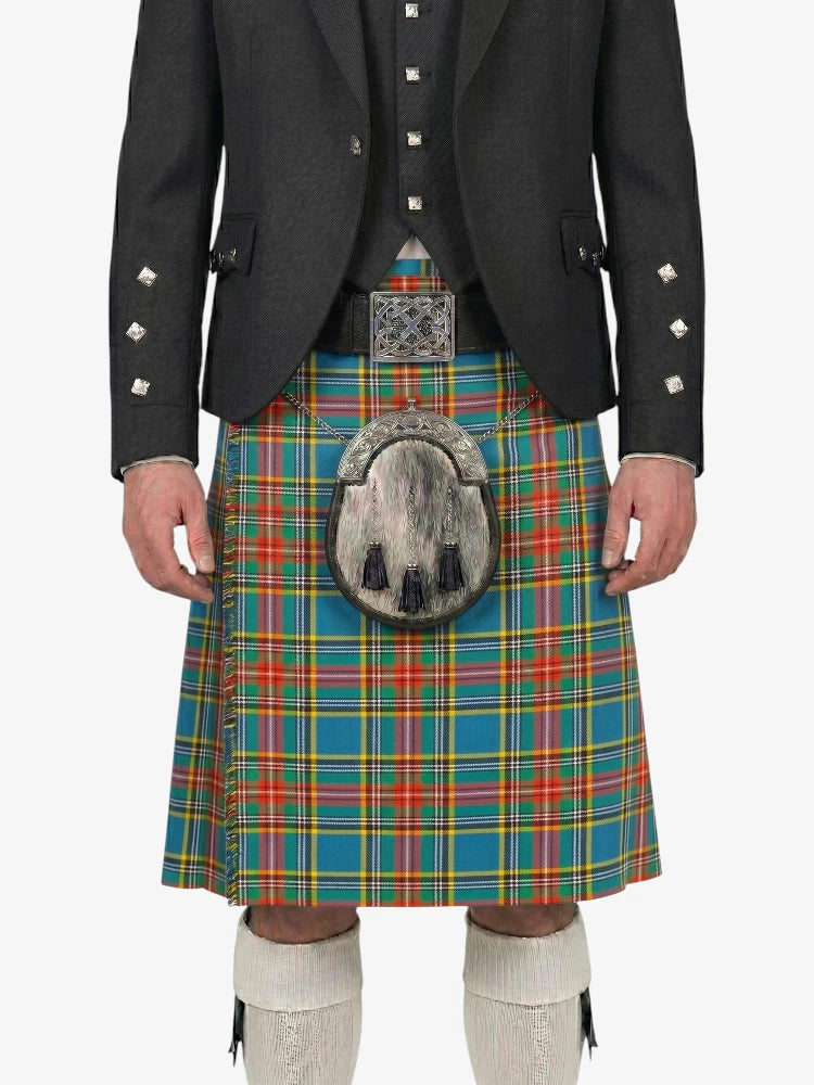 Person wearing a traditional Scottish kilt with a tartan pattern on a white background