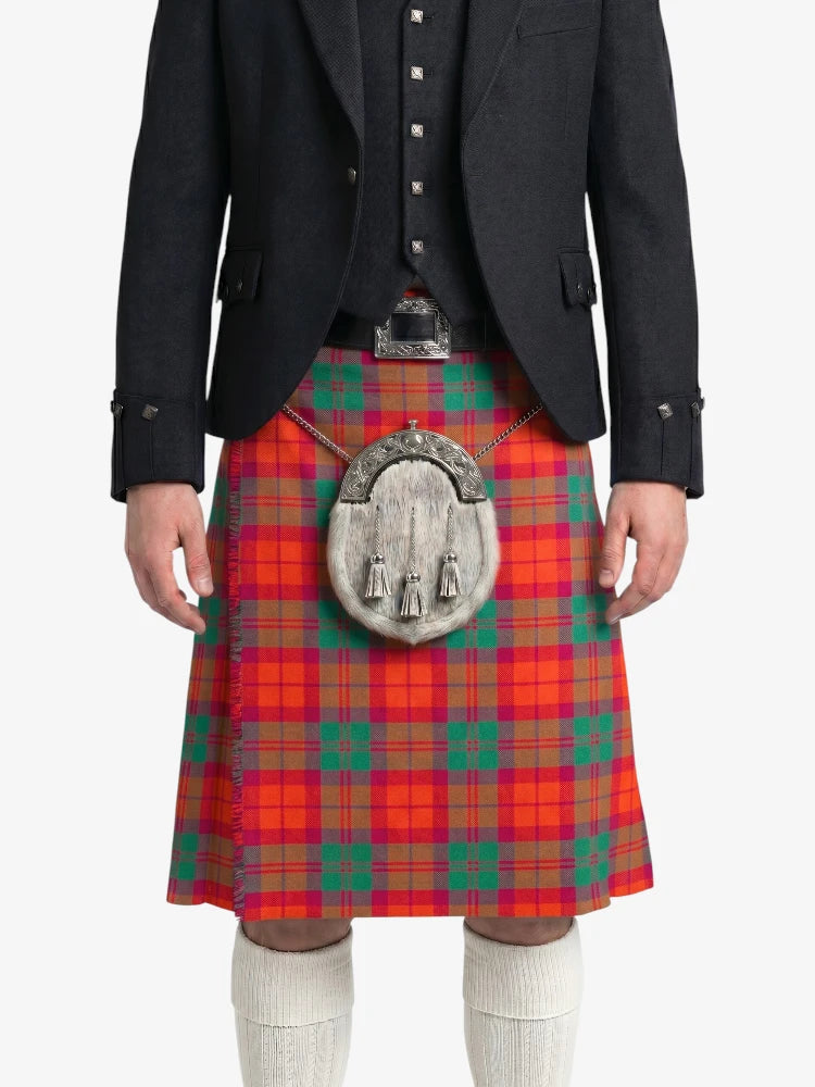 Person wearing a red tartan kilt with a silver sporran on a white background