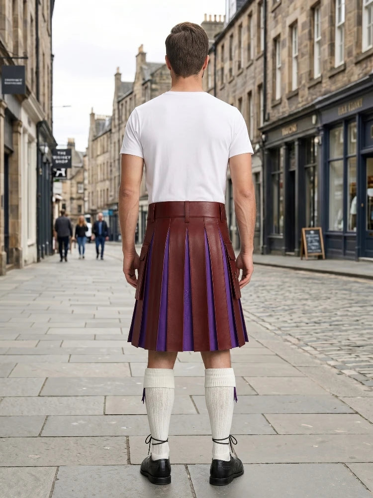 Maroon Leather Kilt With Purple Pleats