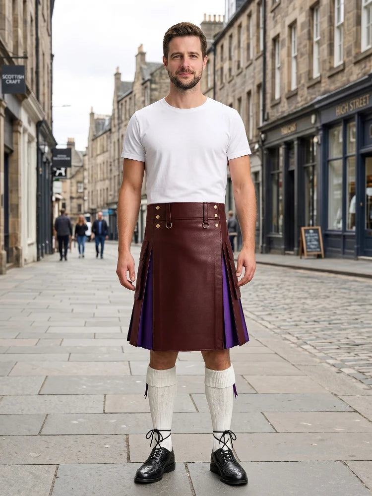 Maroon Leather Kilt With Purple Pleats