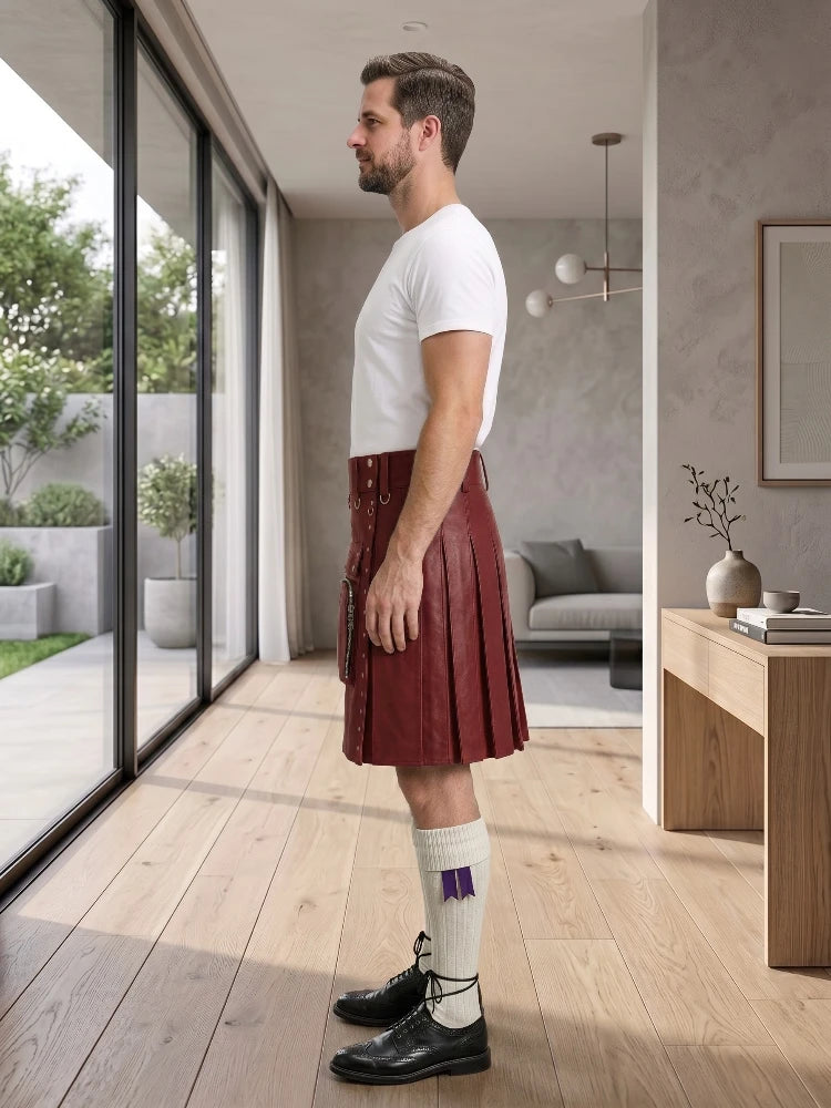 Maroon Leather Utility Kilt Left Side