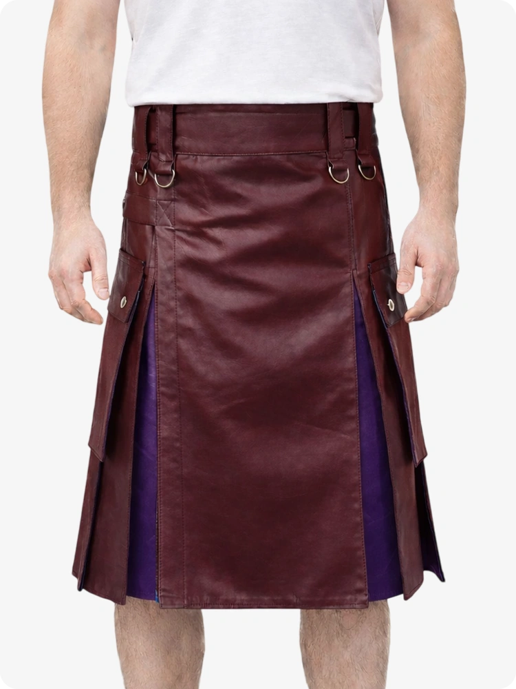 Maroon Leather Utility Kilt with Purple Pleats, Side Pockets & D-Ring Hardware