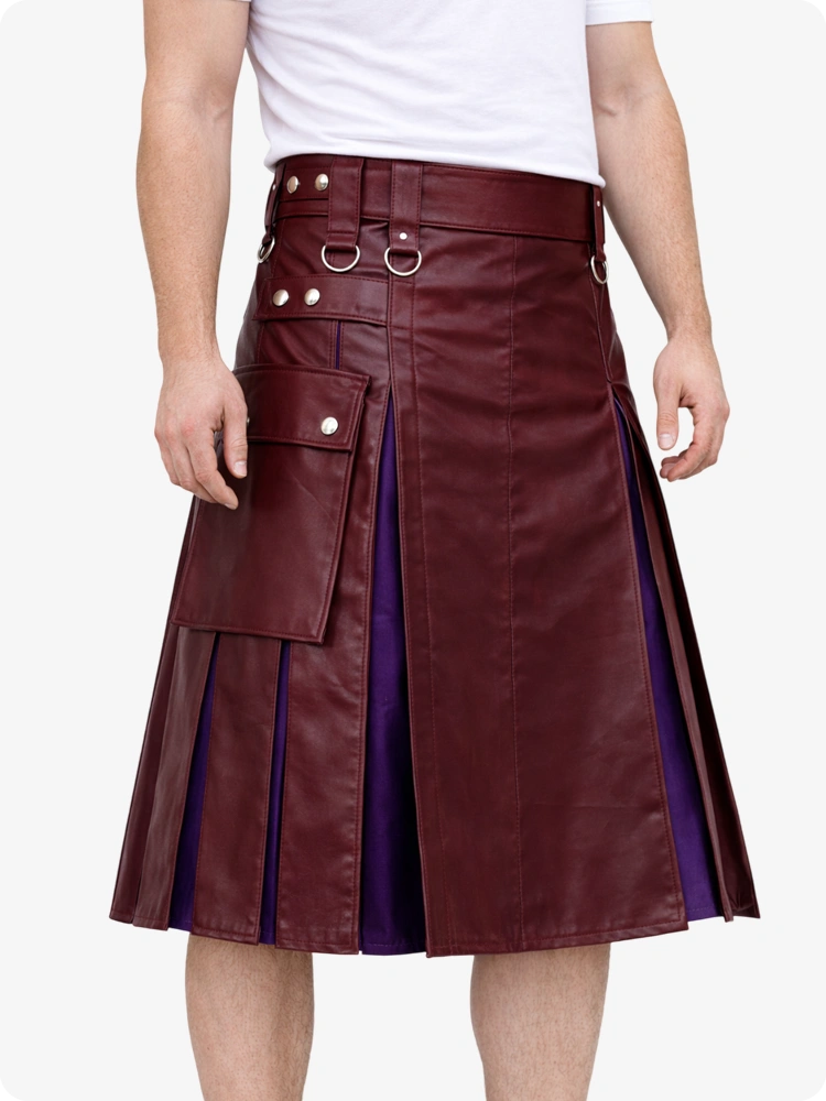 Maroon Leather Utility Kilt with Purple Pleats, Side Pockets & D-Ring Hardware