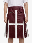 Maroon skirt with white accents worn by a person on a white background