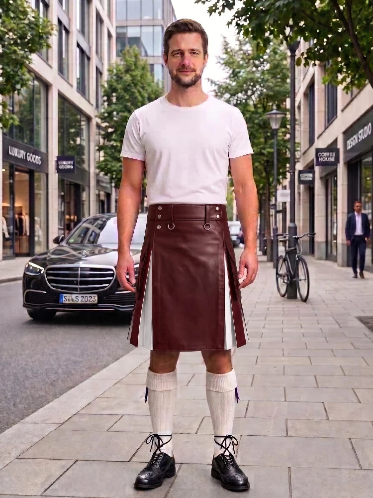 Maroon With White Cowhide Leather Hybrid Utility Kilt