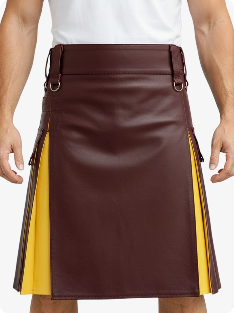 Maroon & Yellow Leather Utility Kilt with Cargo Pockets