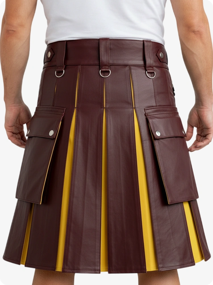 Brown leather kilt with yellow accents worn by a person on a white background