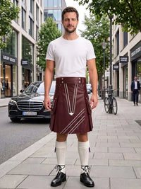 A man stands on a city sidewalk wearing a white crew-neck t-shirt and a dark brown leather kilt with white geometric line details. He is also wearing white knee-high socks and black leather shoes.