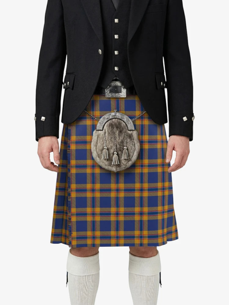 Person wearing a traditional Scottish kilt with a plaid pattern on a white background
