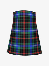 Plaid kilt with green, red, and blue pattern on a white background