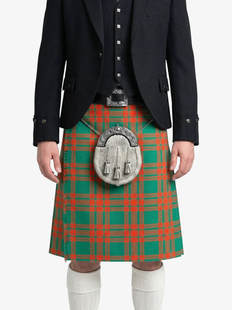 Person wearing a traditional Scottish kilt with a tartan pattern on a white background